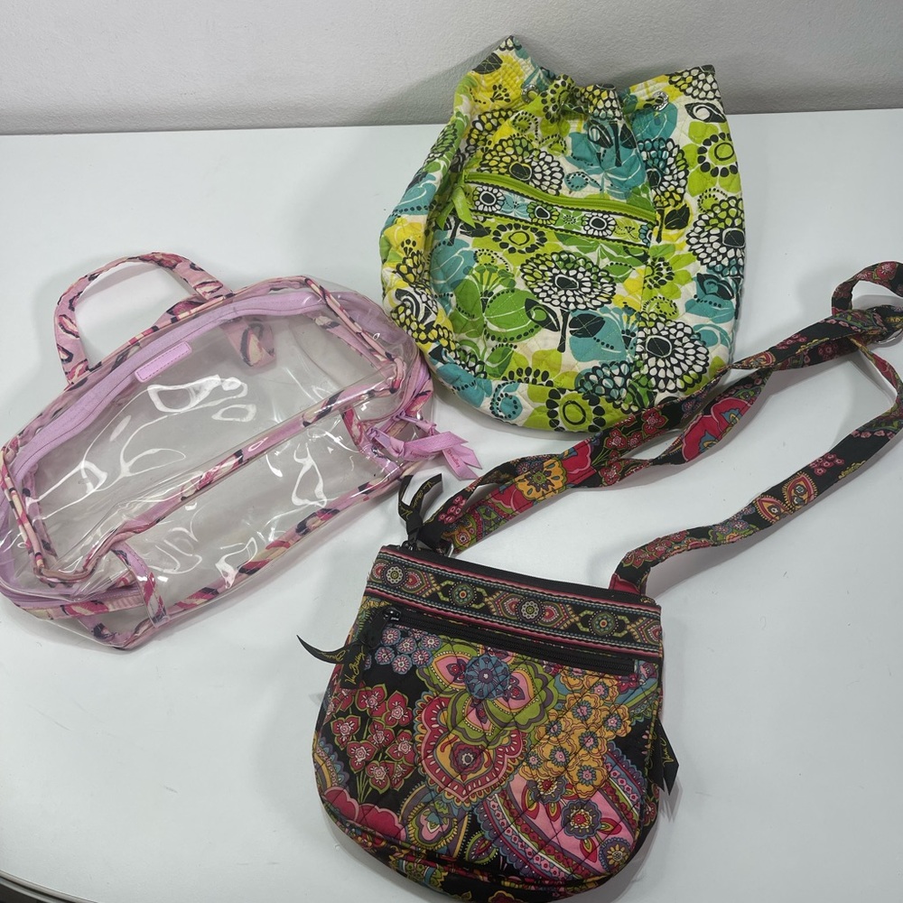 lot 3 Vera Bradley Green Paisley  Bucket Shoulder Bag Cosmetic Travel Crossbody